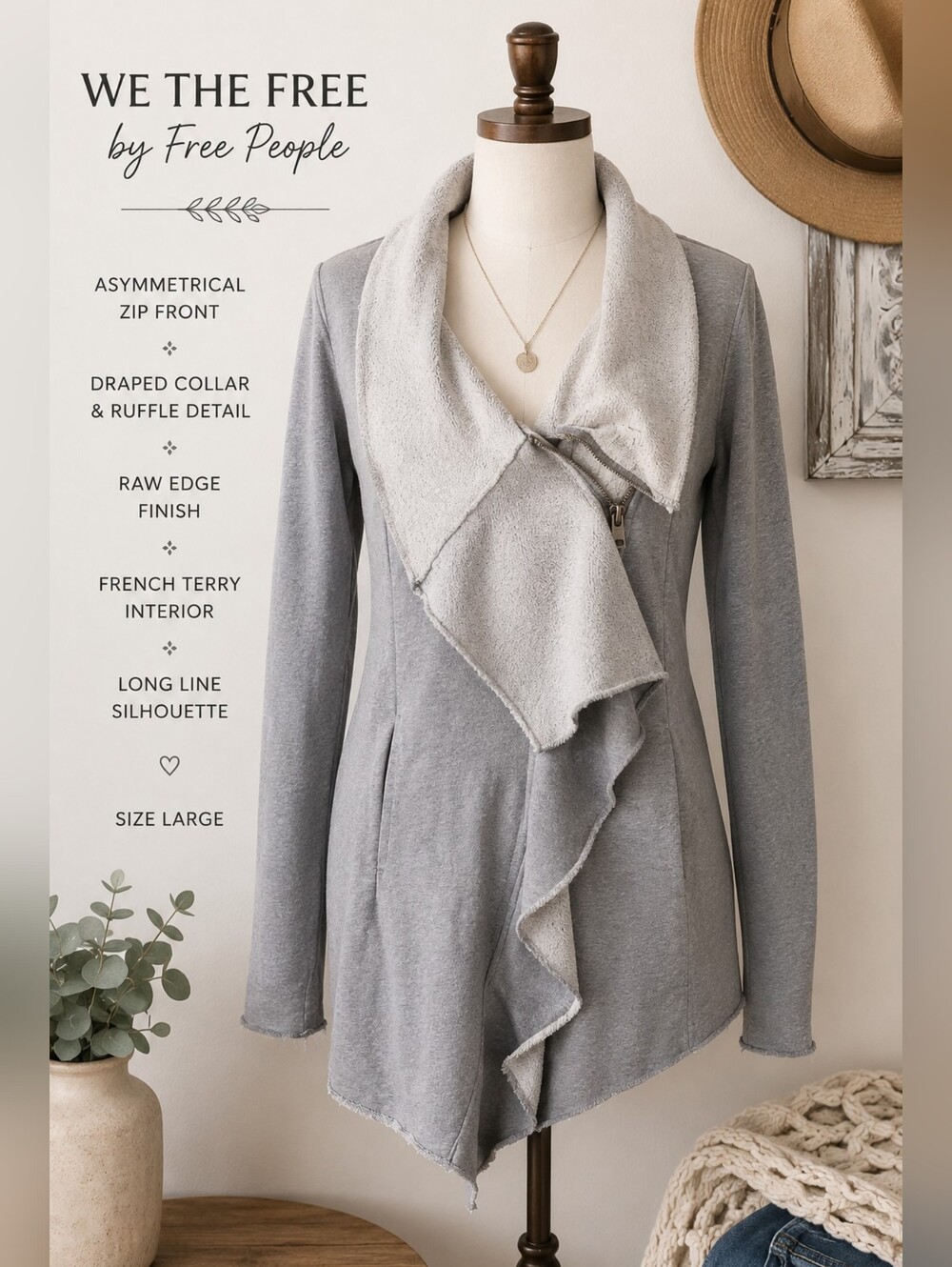 We‎ The Free Asymmetrical Zip Sweatshirt Jacket Large Gray Raw Edge Free People